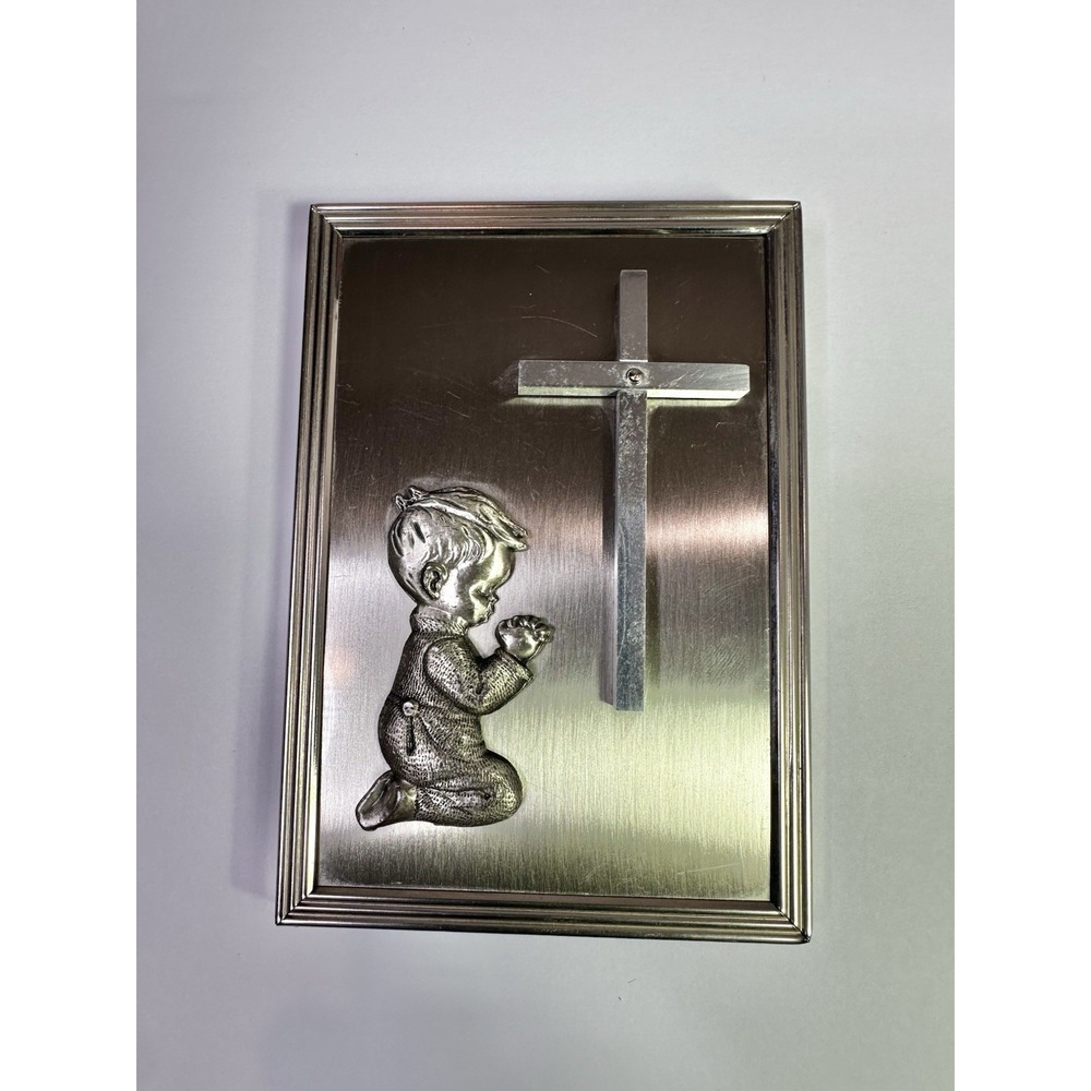 Vintage Silver-Tone Metal Pewter Kneeling Praying Boy Religious Cross Plaque